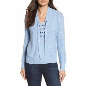 Lucky Brand Womens Wool Blend Lace Up Ribbed Blue Cozy Knit Sweater Size S
